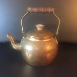vintage Cuivre Thé Bouilloire Cuisinière Théière Avec Poignée en Bois Petit