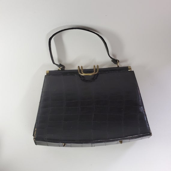 Vintage Black Leather Alligator  Pattern Purse Ha… - image 1