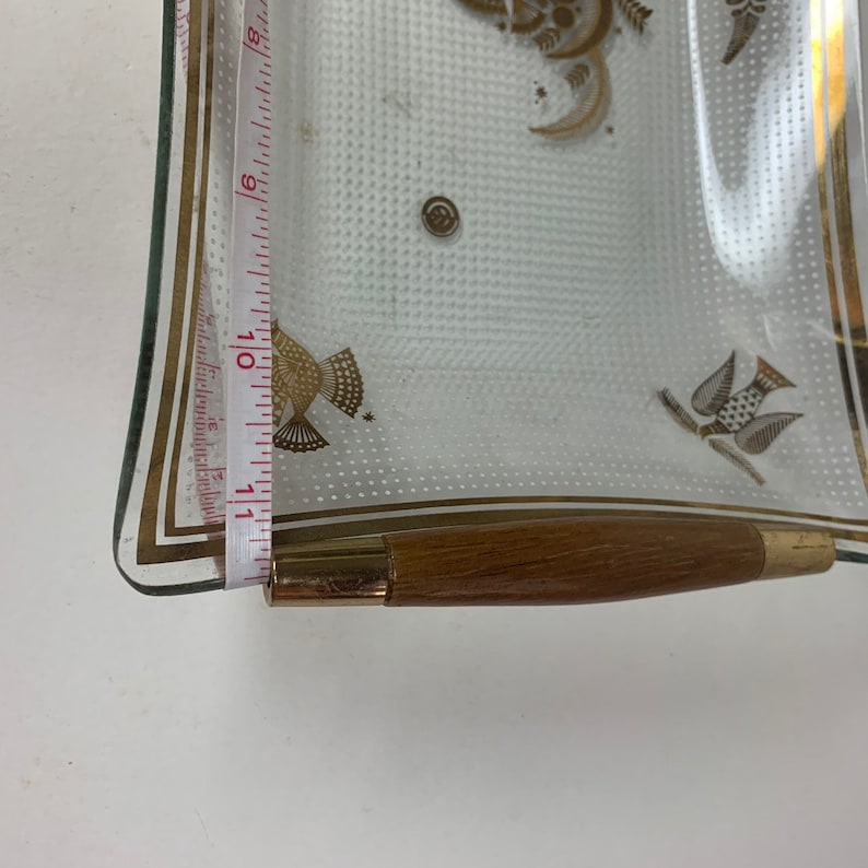Vintage Glass Gold Painted Bird Decorative Serving Tray Platter Jewelry Dish with Wooden Handles 11 x 6