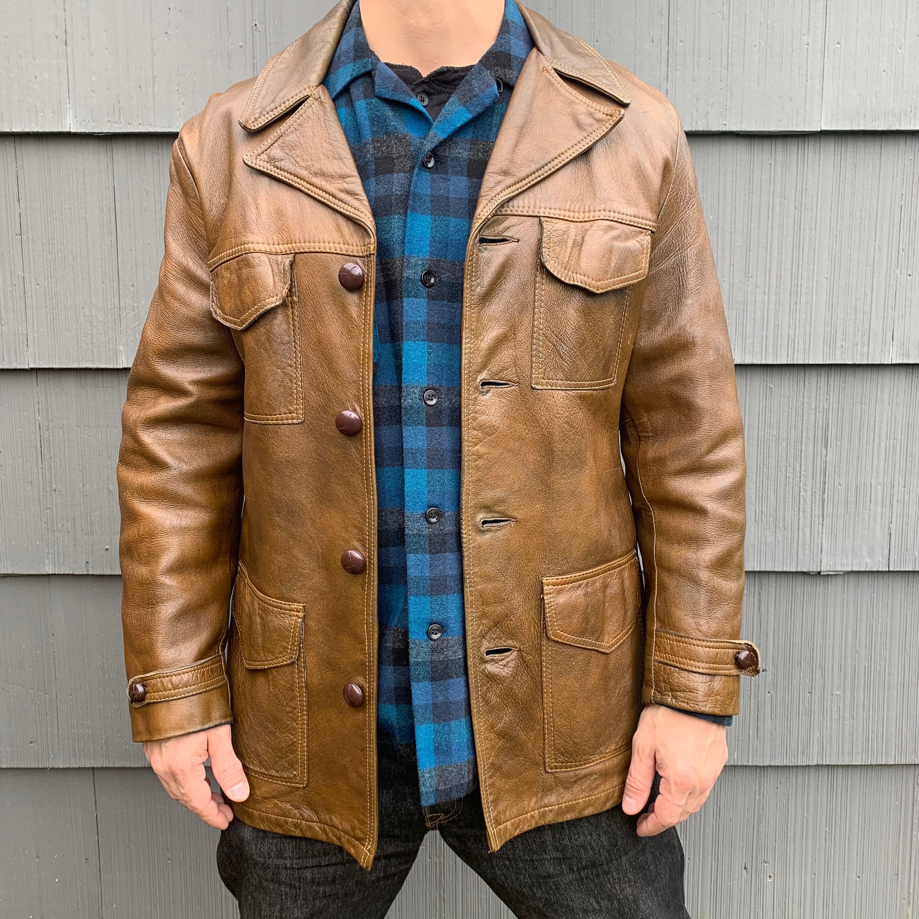 SKM Made in Seattle Vintage Brown Tan Leather Button up SKM Made in Seattle Vintage Brown Tan Leather Button up