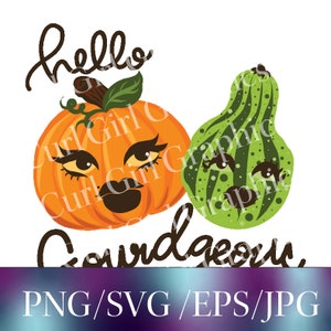May include: A digital illustration of a pumpkin and a gourd with faces. The pumpkin is orange with a green stem and leaves. The gourd is green with brown spots. Both have black eyes, eyelashes, and lips. The text "Curl Girl Graphics" is written in a cursive font around the pumpkins.