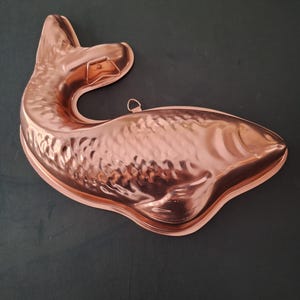 Könnte beinhalten: Eine kupferfarbene Metallform in Fischform mit einer glänzenden, reflektierenden Oberfläche. Die Form weist geprägte Schuppenmuster entlang des Körpers, eine definierte Schwanzflosse und eine kleine Metallöse am oberen Rand zum Aufhängen auf.