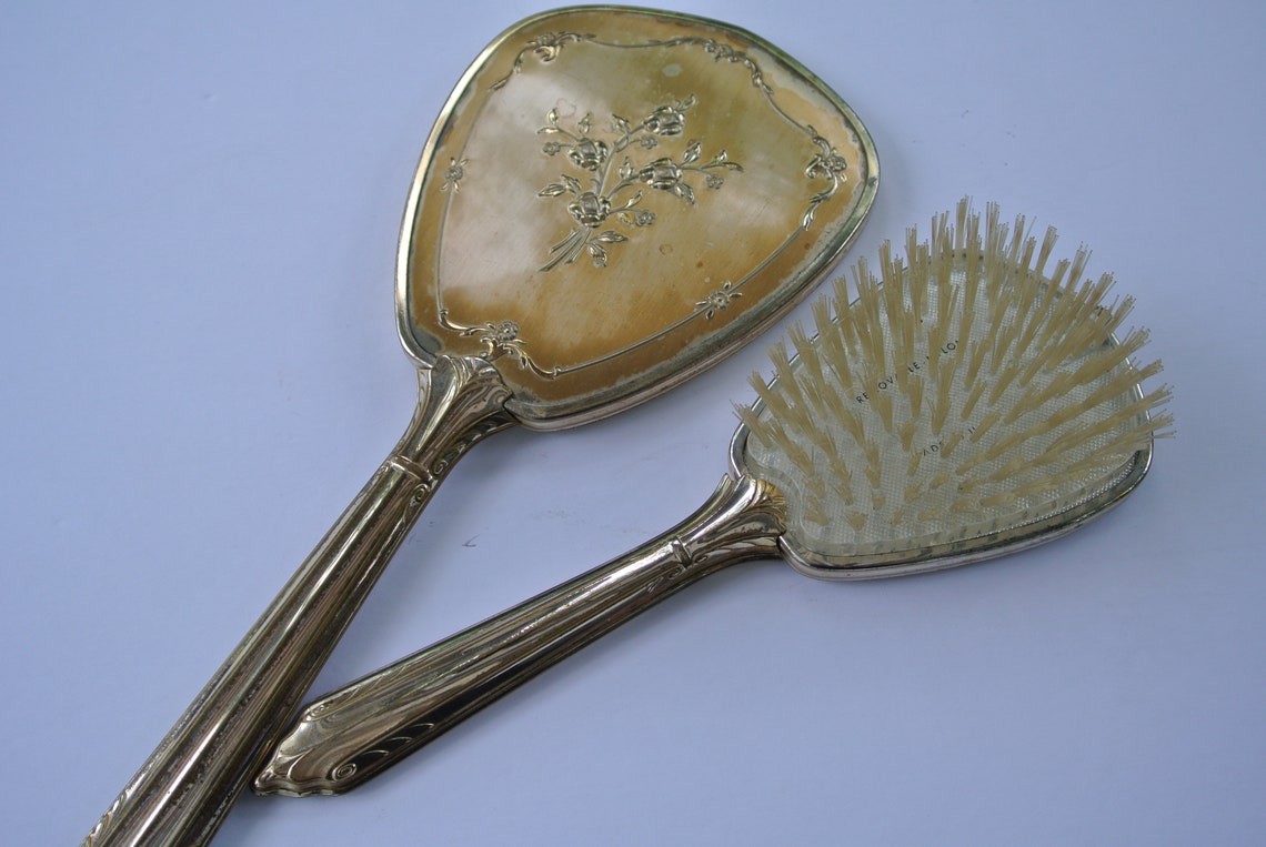 Ensemble Brosse Et Miroir à Coiffure Style Rétro Doré - Neuf Avec Léger Défaut | Coffret Vanité Vintage