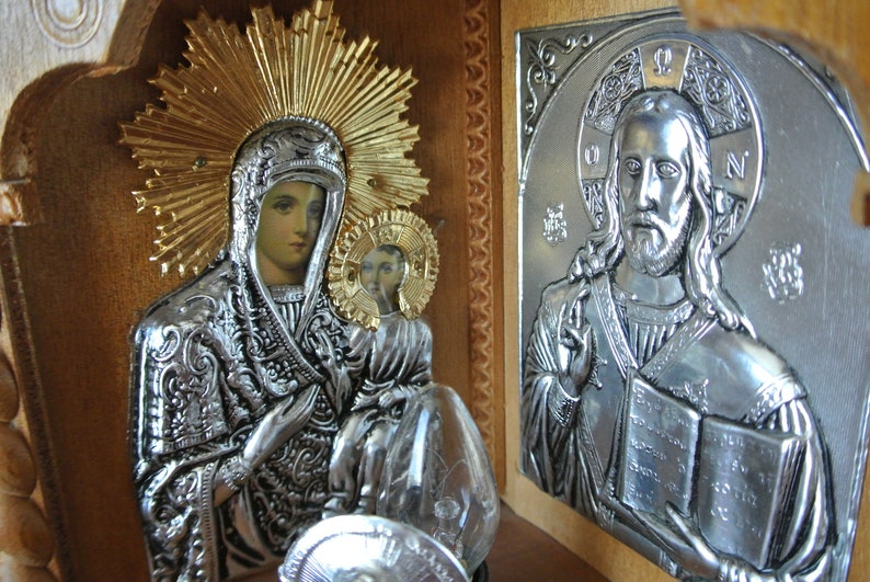 Religious Diptype  Virgin Mary  Jesus  Lamp  Wall Watch  image 0