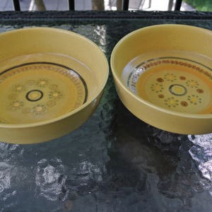 Puede incluir: Dos cuencos de cer&aacute;mica amarillos con un patr&oacute;n floral marr&oacute;n y amarillo. Los cuencos est&aacute;n vac&iacute;os y est&aacute;n sobre una mesa de vidrio.