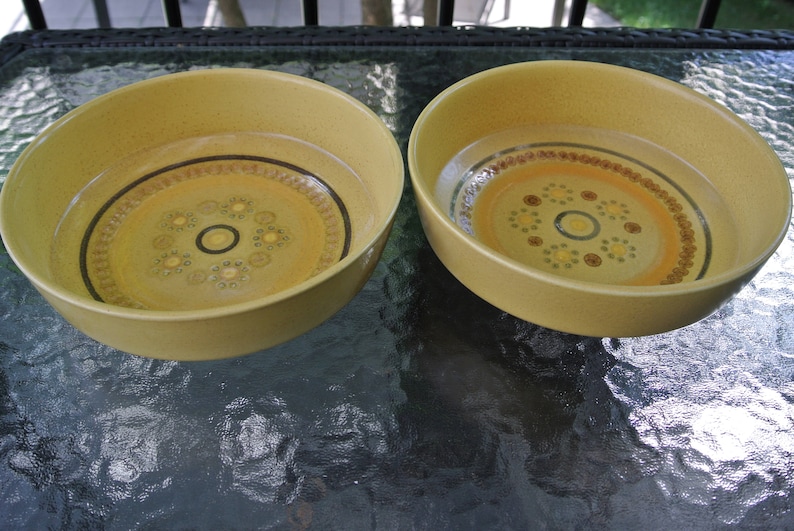 Puede incluir: Dos cuencos de cer&aacute;mica amarillos con un patr&oacute;n floral marr&oacute;n y amarillo. Los cuencos est&aacute;n vac&iacute;os y est&aacute;n sobre una mesa de vidrio.