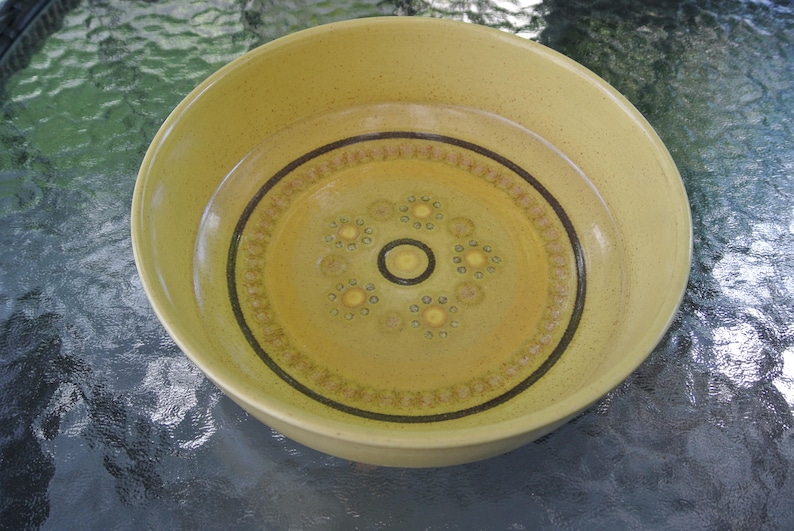 Puede incluir: Un taz&oacute;n de cer&aacute;mica amarillo con un borde marr&oacute;n y un patr&oacute;n decorativo de peque&ntilde;os c&iacute;rculos amarillos y l&iacute;neas marrones.