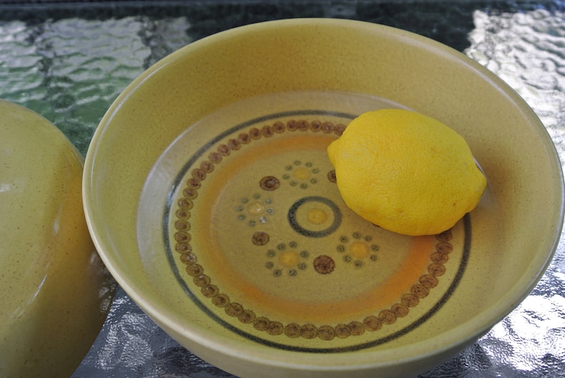 Puede incluir: Un lim&oacute;n amarillo en un taz&oacute;n de cer&aacute;mica marr&oacute;n y amarillo con un patr&oacute;n decorativo.