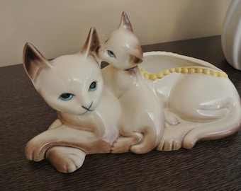 Kruka - keramik - Siamesisk katt och kattunge - vintage