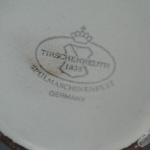 Pode incluir: Close-up de uma caneca de cer&acirc;mica branca com uma borda marrom. A caneca tem um logotipo marrom que diz "Tirschenreuth 1832 Spulmaschinenfest Germany".