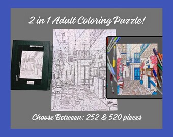 Mykonos, Greece Adult Coloring Jigsaw Puzzle! Mediterranean Puzzle for Adults- Travel- Cruise Ship Port- Retirement Gift- Creative Gift
