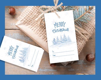 Last Minute Instant Printable Christmas Gift Tags, Blue Winter Design, Easy Cut, Low Ink