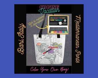 Adult Coloring Tote Bag! Ports of Call: Bari, Italy- Relaxing Creativity for a Colorful Mediterranean Cruise!