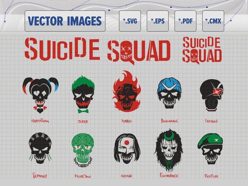 Suicide Squad Skulls Vector Graphic Svg Eps Pdf Cmx And Etsy