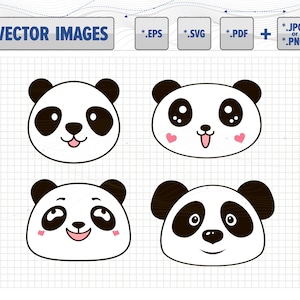 May include: Four black and white panda bear faces with different expressions. The panda faces are cartoon-style and have black eyes, noses, and ears. Two of the panda faces have pink cheeks.