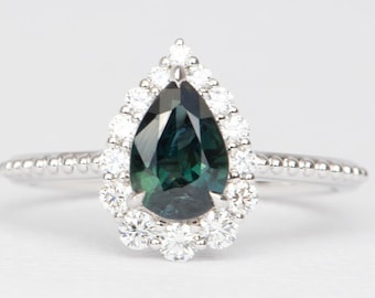 1.14ct Teal Blue Nigerian Sapphire with Diamond Halo 14K White Gold Engagement Ring | Alternative Bridal Graduated Size Diamonds OOAK R6475