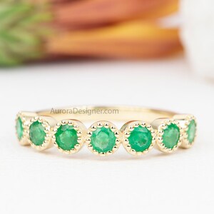 Emerald Milgrain Bezel Set 14K Gold Wedding Band Round Vintage Inspired May Birthstone Green Half Eternity Stacking Rings Stackable AD1798E