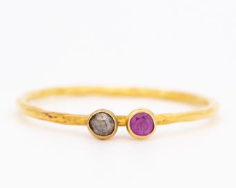 Solid 18K Gold Ruby and Salt and Pepper Diamond Bezel Set Stacking Band Hammered Texture Dainty Stackable Ring Valentine's Day Gift R6592