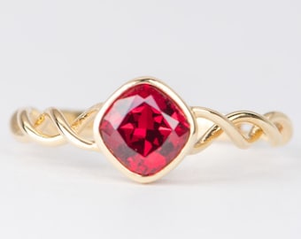 1.29ct Lab Ruby Bezel Set Engagement Ring Twist Band 18K Gold Light Weight Pigeon Blood Red Gemstone Right Hand July Birthstone R6450