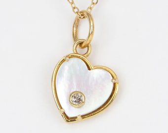 Last One! Mother of Pearl Heart with Diamond Accent Pendant 14K Gold OOAK Gift for Her Anniversary Birthday Unique Layering Charm MOP R4350