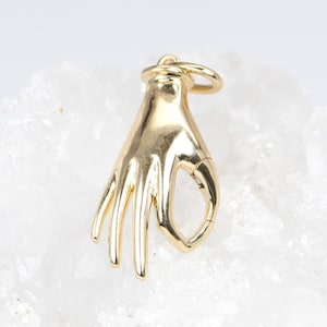 Mudra Hand Pendant Charm Holder with Spring Push Gate Closure Solid 14K Gold Gyan Yoga Gesture Bail Necklace Chain Connector Neck Mess M4016