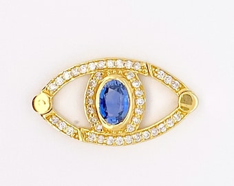 Diamond and Sapphire Evil Eye 21.5x11.5mm Charm Holder 14K Gold Both Sides Open Chain Connector Layered Necklace Bracelet Designer R4569