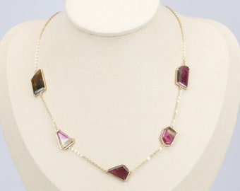 13.75ct Bi-Color Tourmaline Slice Station Necklace 9K Gold Fine Jewelry Stylish Fashionable Great for Layering Gift for Her OOAK R4462