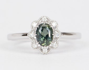 0.96ct Montana Sapphire with Milgrain Diamond Halo 14K White Gold Engagement Ring | Feminine Fine Jewelry Alternative Bride Blue Green R6458