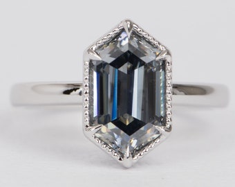 2.89ct Hexagon Gray Moissanite Solitaire Engagement Ring 14K White Gold | 12x7mm Statement Gemstone Metallic Sheen Alternative Bridal R6520