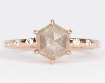 1.25ct Hexagon Diamond with Diamonds Accent 14K Rose Gold Engagement Ring | Flush Set Band Alternative Bride Modern Design Geometric R6468