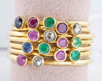 18K Gold Bezel Set Stacking Band Ruby Emerald Sapphire Diamond Hammered Texture Dainty Ring Mother's Day Birthday Gift Handmade R6592