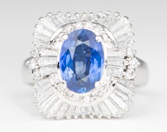 Stunning Platinum Ring 2.186ct Sapphire with 1.36ct Baguette Diamond Halo Heavy 10.8g PT900 V1188