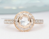 0.78ctw Round Rosecut Diamond 14K Rose Gold Engagement Ring Diamond Halo Pave Unique Design OOAK Crystal Clear Eye Clean Gift for Her AD1902