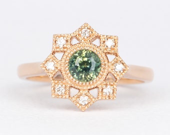 Teal Green Montana Sapphire with Diamond Halo 14K Rose Gold Engagement Ring | 8-Point Star Snowflake Unique Design OOAK Bride Gift R6465