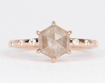 1.25ct Hexagon Diamond with Diamonds Accent 14K Rose Gold Engagement Ring | Flush Set Band Alternative Bride Modern Design Geometric R6468