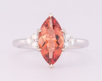 1.69ct Deep Red Oregon Sunstone with Trio Diamonds 14K White Gold Engagement Ring Alternative Bridal Bride Anniversary Gift OOAK R6588