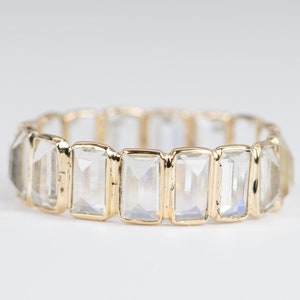 Inverted Rectangle Rainbow Moonstone Wedding Band 14K Gold Bezel Set Full Eternity OOAK Alternative Bride Unique Ring Gift for Her M5012