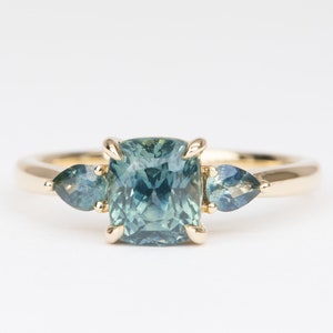 2.71ctw Montana Sapphire Three-Stone Engagement Ring 14K Gold Teal Blue Green Great Brilliance Alternative Bridal Unique USA Gemstone R6564