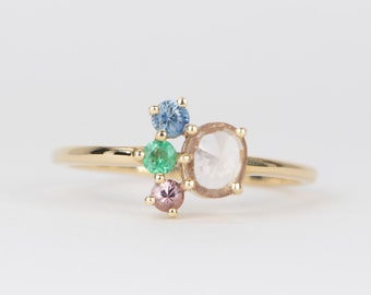 Light Pink Rose Cut Sapphire and Emerald Cluster Ring 14K Gold Stacking Modern Design Colorful Cute Dainty Jewelry Mother's Day Gift AD1248