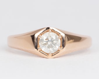 Milky White Diamond in Modern Hexagon Setting Signet Ring 14K Rose Gold | Salt and Pepper Light Gray Diamond | Minimalist Right Hand R6476