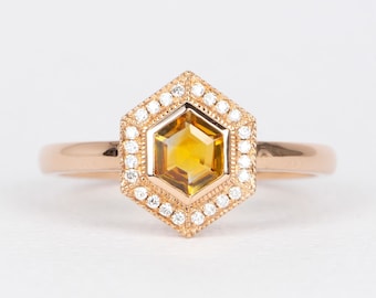 Bi-Color Hexagon Montana Sapphire with Diamond Halo 14K Rose Gold Engagement Ring | Unique Yellow Orange Colors Gemstone Milgrain Edge R6472