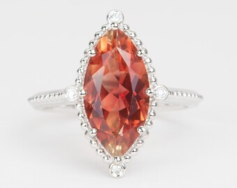 3.25ct Bright Red Oregon Sunstone with Diamonds 14K White Gold Engagement Ring Alternative Bridal Bridal Unique OOAK Wedding Jewelry R6584