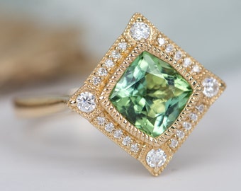 1.5ct Mint Green Tourmaline 14K Gold Moissanite Halo Engagement Ring Bezel Set Milgrain Unique OOAK Alternative Bride Gift for Her AD2219-3