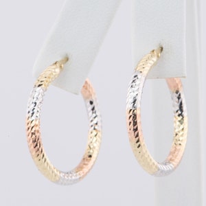 26mm Tri-Color Diamond Cut Hoop Earrings 14K Gold R3160 Medium Size Fashionable Designer Shiny Sparkly Fine Jewelry Genuine