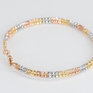 18K Gold Tri-Color Diamond Cut Bead Double Row Bangle 6.31g Sparkle Beads Sparkly Bracelet Gift for Her Mother's Day Stunning Layering R2065