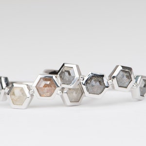 Hexagon Shaped Salt and Pepper Diamond 14K White Gold Wedding Band Stacking Ring Bezel Set Cluster Band Gift For Her Anniversary Gift R5002