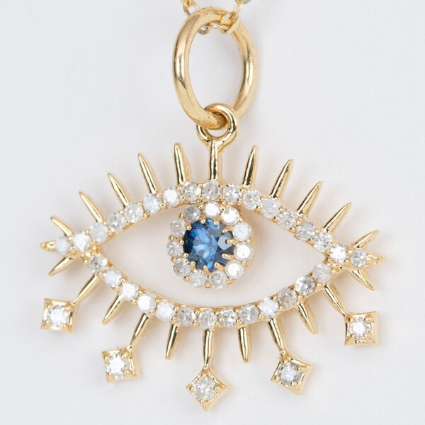 Diamond and Sapphire Evil Eye Pendant 14K Gold OOAK Gift For Her Anniversary September Birthstone R4348