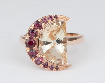 3.33ct Half Moon Oregon Sunstone con granate Halo 14K Anillo de oro rosa Novia alternativa Novia moderna OOAK Regalo celestial para ella R6556