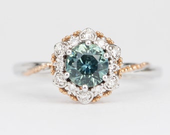 Brilliant Teal Montana Sapphire Floral Style Engagement Ring 14K Gold | Blue Green Gemstone Two-Tone Mixed Gold White and Rose Unique R6493