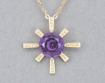 Amethyst Intaglio Mond und Sterne himmlischen Anhänger 9K Gold OOAK Einzigartiges Designer Layering Charme Jahrestag Geburtstagsgeschenk für Sie R4465